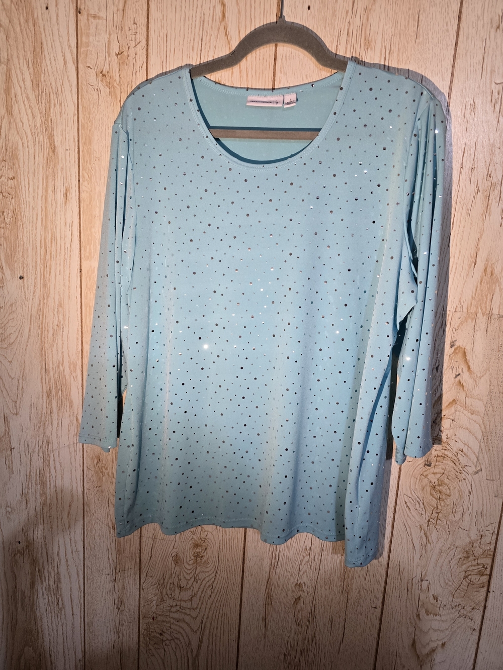 Susan Graver Aqua Blue Sparkle Dot Embellished Long Sleeve Top Size L